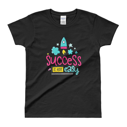 Cute Success Print Short Sleeve Round Neck Black 100% Cotton T-Shirt for Women - FlorenceLand