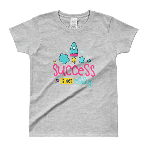 Cute Success Print Short Sleeve Round Neck Grey 100% Cotton T-Shirt for Women - FlorenceLand