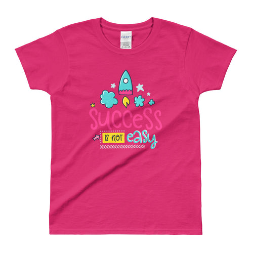 Cute Success Print Short Sleeve Round Neck Pink 100% Cotton T-Shirt for Women - FlorenceLand