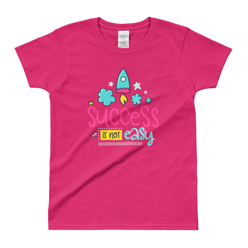 Cute Success Print Short Sleeve Round Neck Pink 100% Cotton T-Shirt for Women - FlorenceLand