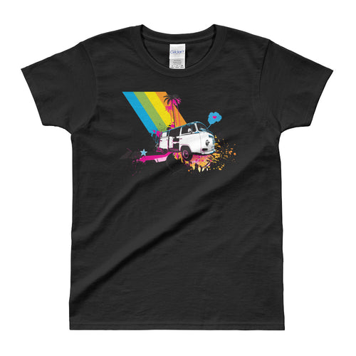 Rainbow Wagon T Shirt Black Urban Style Rainbow Mini Bus T Shirt for Women - FlorenceLand