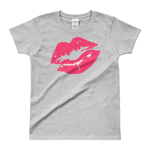 Lips Kiss T-Shirt, Lipstick Kiss Print T Shirt Grey Tee Shirt for Women - FlorenceLand