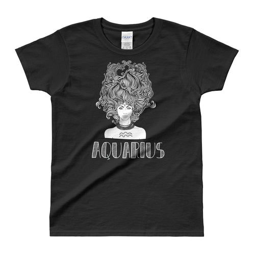 Aquarius T Shirt Zodiac Round Neck Black Cotton T-Shirt for Women - FlorenceLand