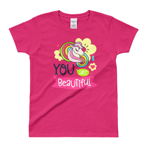 You Are Beautiful Short Sleeve Round Neck Pink Cotton T-Shirt for Women - FlorenceLand