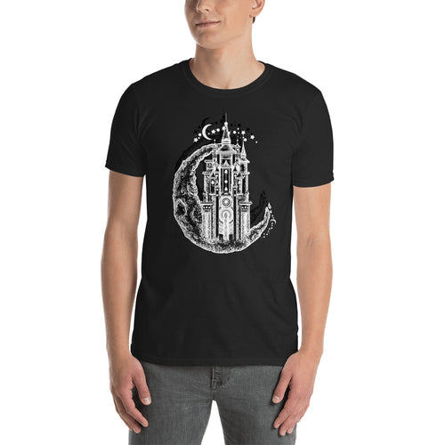 Medieval Castle On Moon Tattoo Design T Shirt Black for Men - FlorenceLand