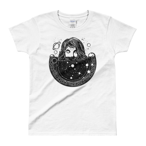 Woman In Space Tattoo Art T Shirt Surreal Girl Sinks In Universe T Shirt White - FlorenceLand