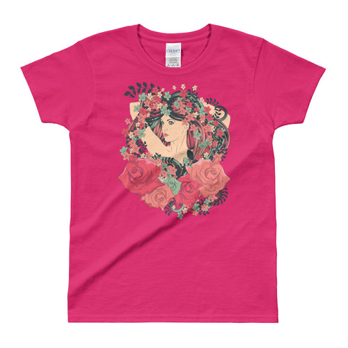 Flower Hair Girl Short Sleeve Pink Cotton T Shirt for Women - FlorenceLand