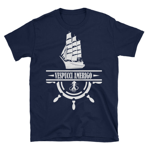 Nautical Ship Printed Short Sleeve Round Neck Navy Blue Cotton T-Shirt for Men - FlorenceLand