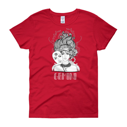 Gemini T Shirt Zodiac Round Neck Red Cotton T-Shirt for Women - FlorenceLand