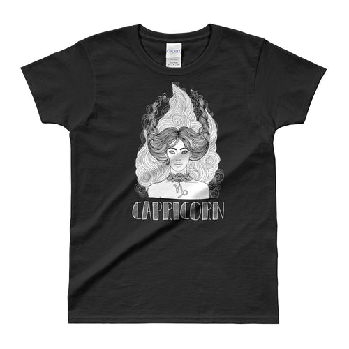 Capricorn T Shirt Zodiac Round Neck Black T-Shirt for Women - FlorenceLand