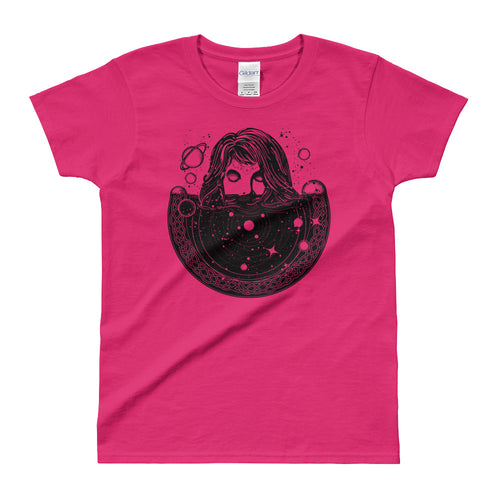 Woman In Space Tattoo Art T Shirt Surreal Girl Sinks In Universe T Shirt Pink - FlorenceLand