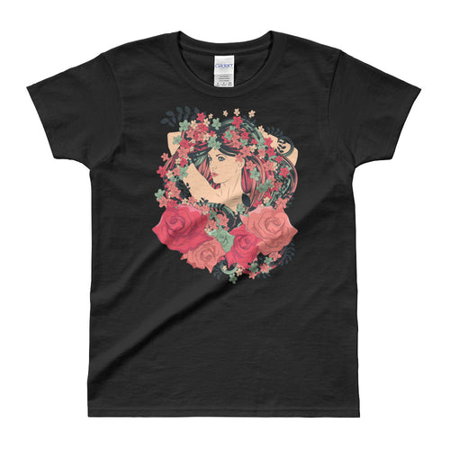 Flower Hair Girl Short Sleeve Black Cotton T Shirt for Women - FlorenceLand