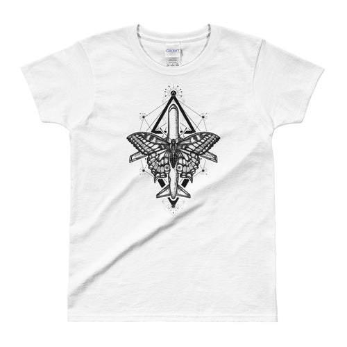 Magic Moth Butterfly And Plane Tattoo Design White T Shirt for women - FlorenceLand