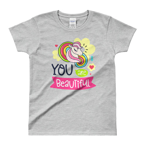 You Are Beautiful Short Sleeve Round Neck Grey Cotton T-Shirt for Women - FlorenceLand