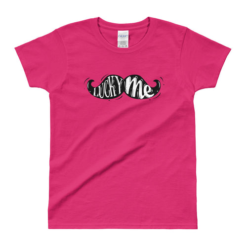 Lucky Me T Shirt Irish Mustache St. Patrick's Day Graphic Tee in Pink Color for Women - FlorenceLand