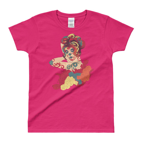 Day of the Dead Short Sleeve Round Neck Pink Cotton T Shirt for Women - FlorenceLand